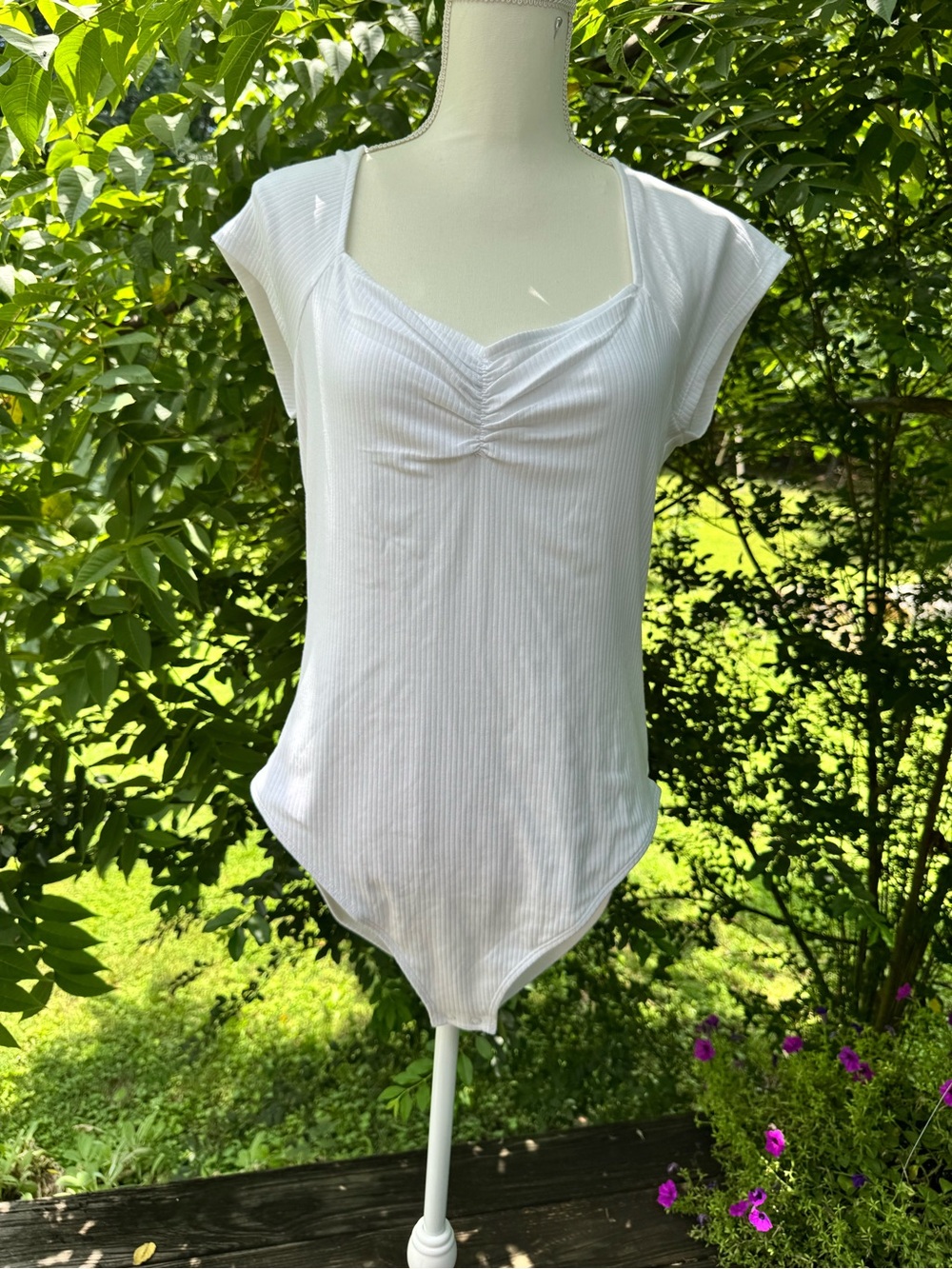 Old Navy White Ribbed V-Neck Cap Sleeve Bodysuit with Ruched Front